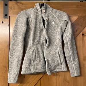Womens north face zip up with buttons, size Small, gray and white